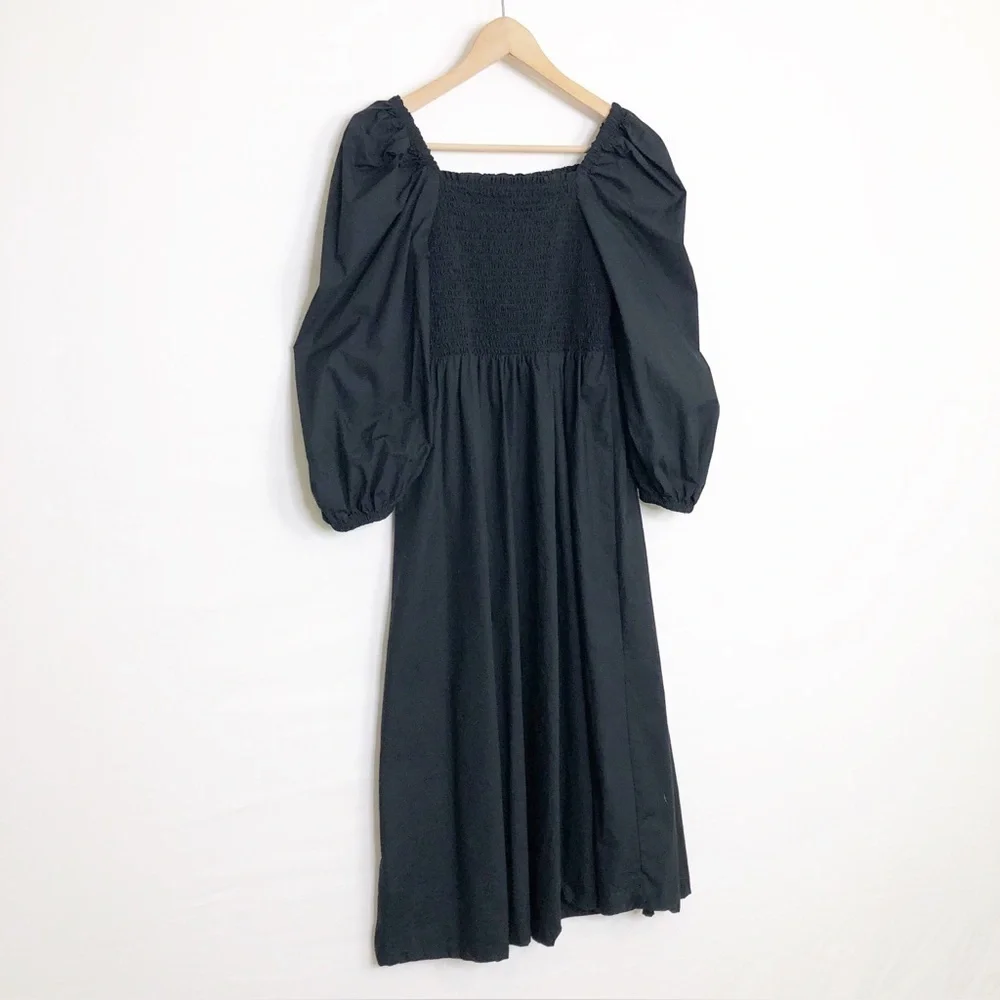 J Crew black smocked bodice puff sleeve, midi dress